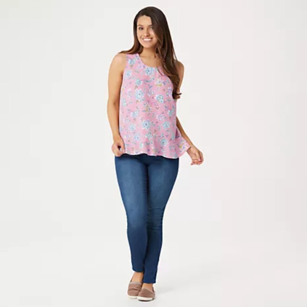 Denim Co Medium Printed Sleeveless Tank Top with Flutter Bottom Coral Bisque